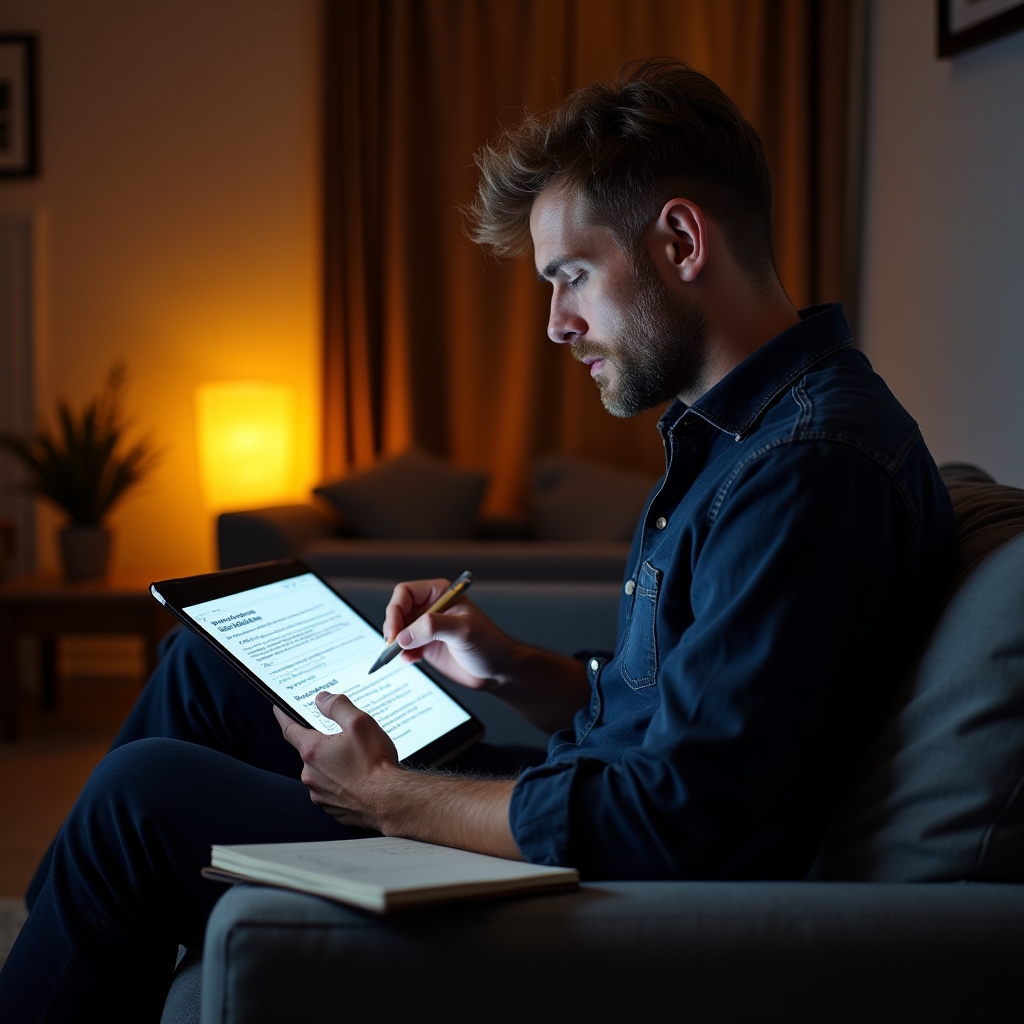 Marketing professional reviewing an annotated campaign example document on tablet, taking notes in a journal with focused expression