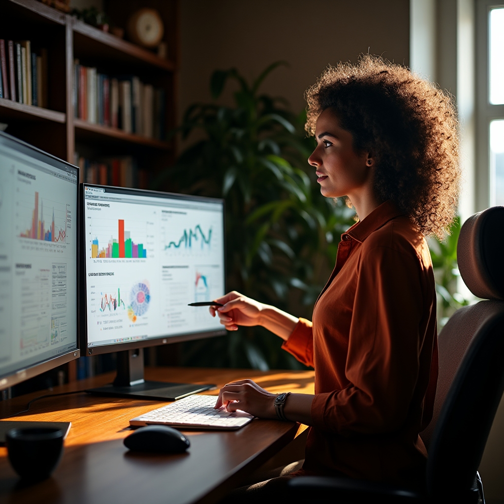 Marketer analyzing attribution tracking dashboard on dual monitors in home office