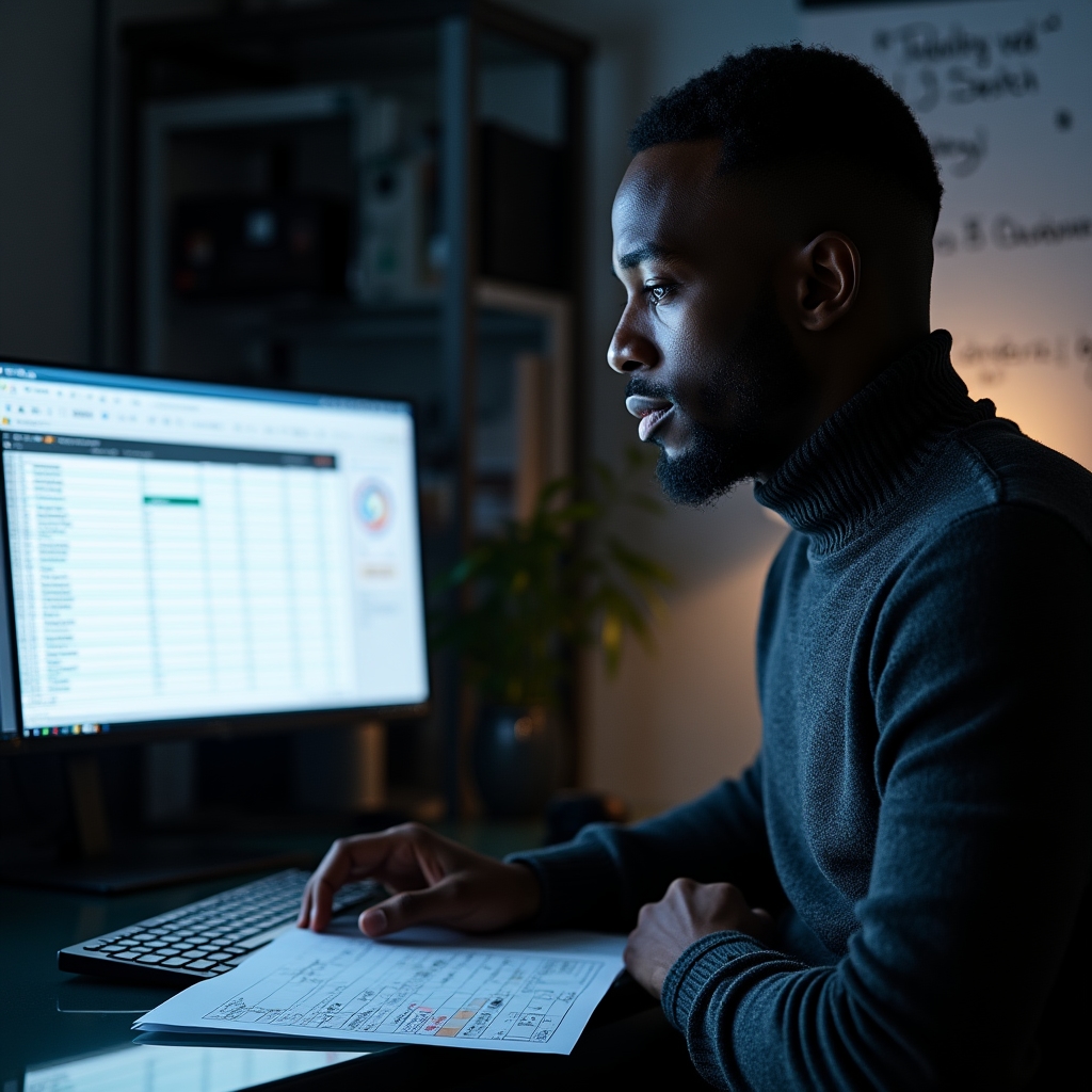 Professional reviewing channel budget allocation spreadsheet with focused expression