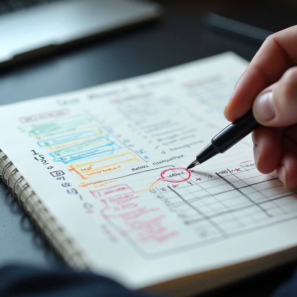 Close-up of handwritten decision framework notes in a professional notebook with color-coded annotations and arrows