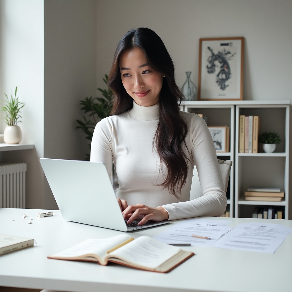 Marketing professional building a campaign brief document on laptop in well-lit modern home office with organized bookshelves