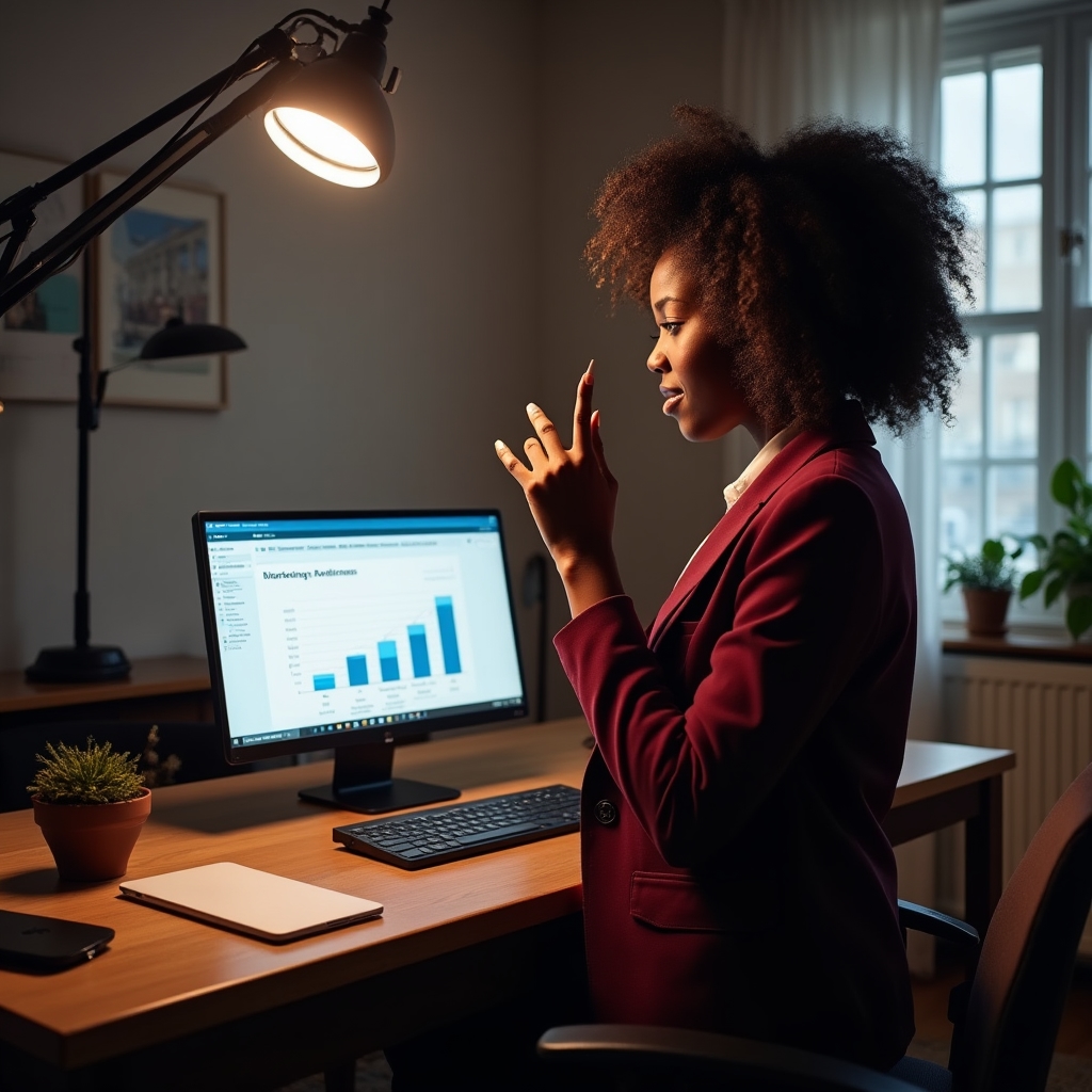 Young marketing professional rehearsing a results presentation in front of a laptop screen showing campaign data