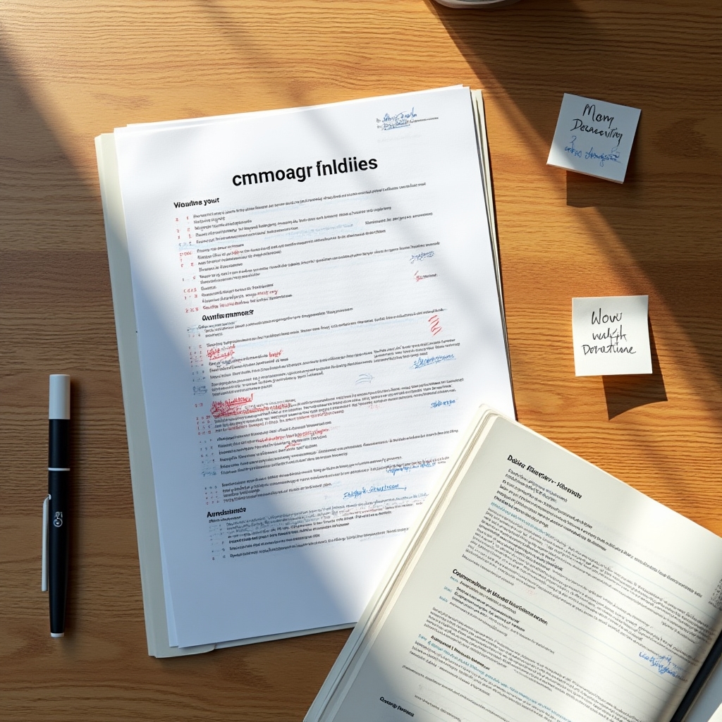 Overhead view of a campaign brief document draft on a desk with pencil annotations, sticky notes, and a strategy planning notebook