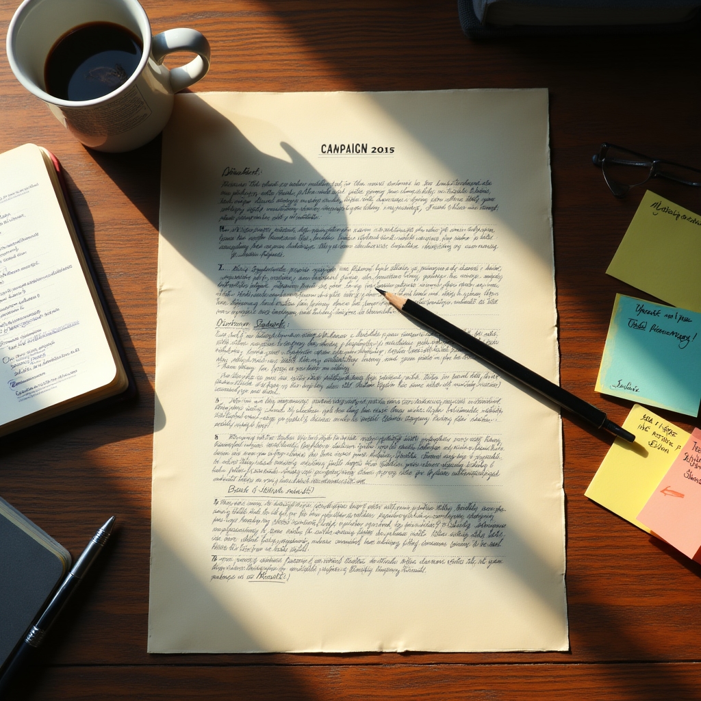 Marketing coordinator reading a detailed scenario brief document at a desk with a coffee cup and notebook nearby
