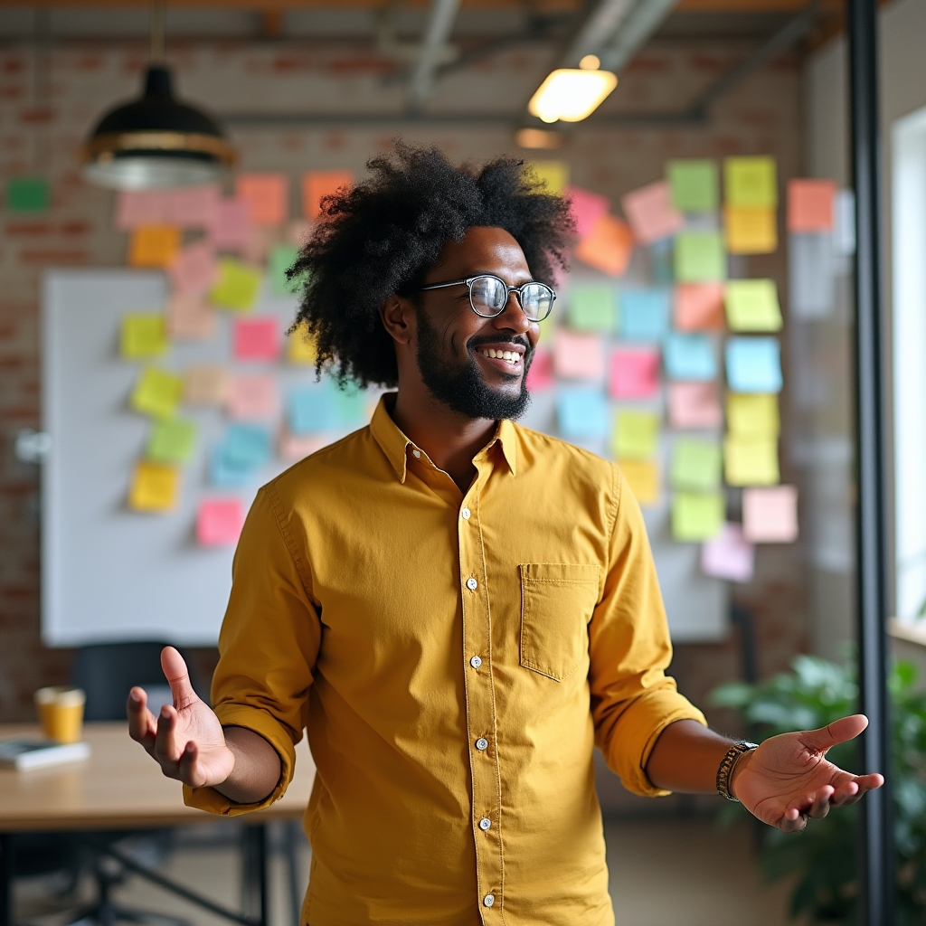 Marketing professional deep in thought surrounded by campaign planning materials and sticky notes on a glass wall