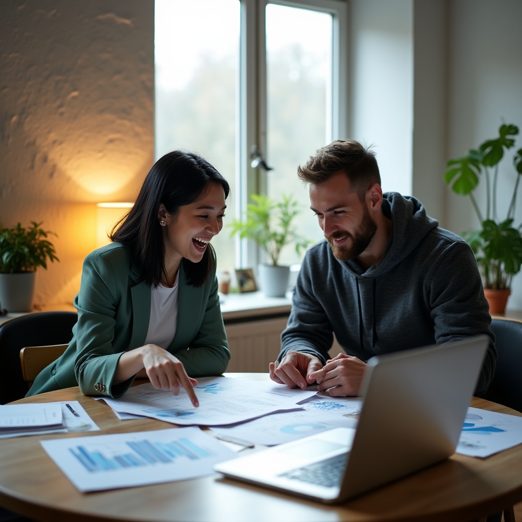 Two marketing professionals in animated discussion over a post-campaign retrospective document, pointing at printed data